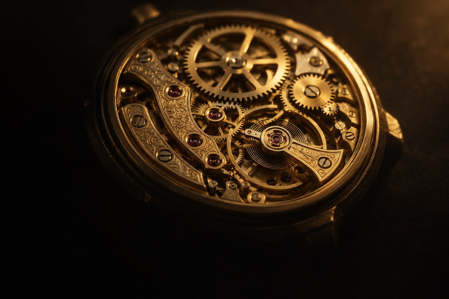 The exposed inner mechanism of a gold watch movement