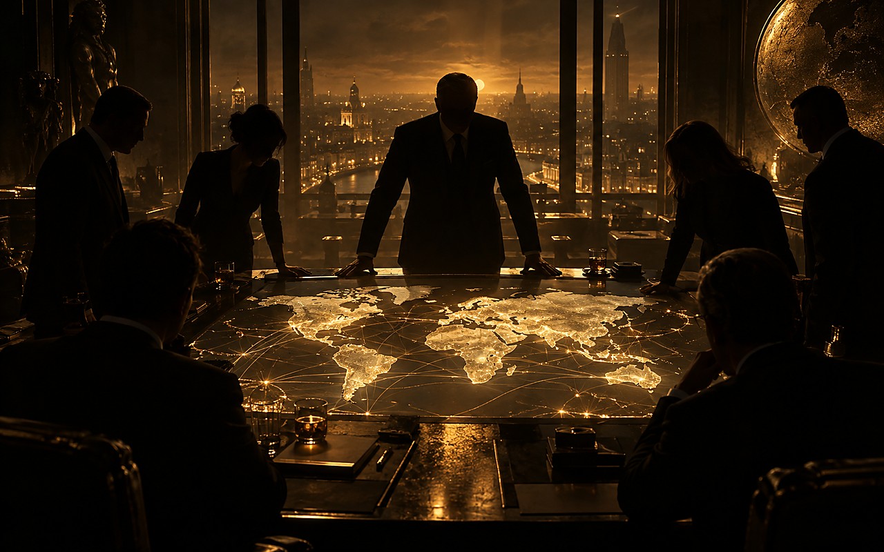 A leadership team reading a glowing map of connections